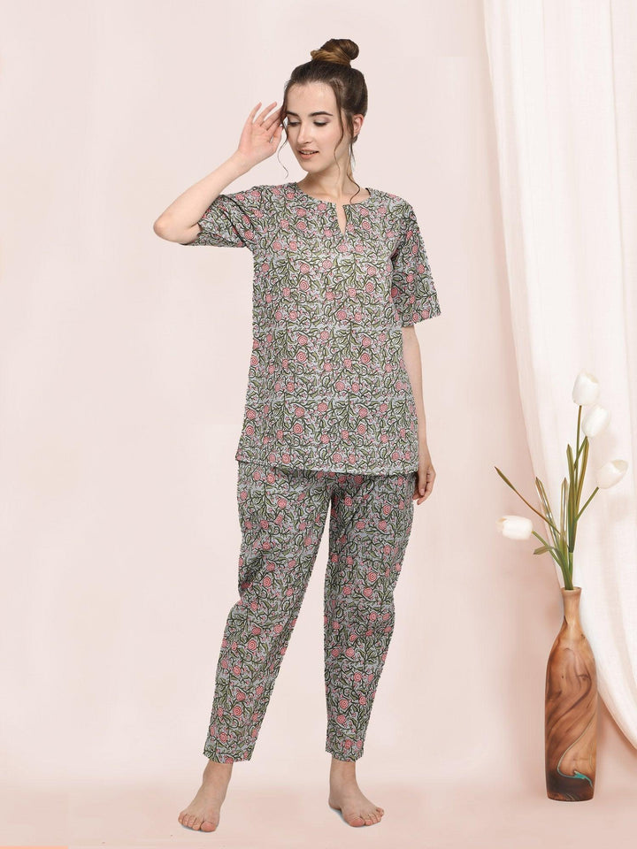Green Floral Sleepy BFF Cotton Pajama Set - VJV Now