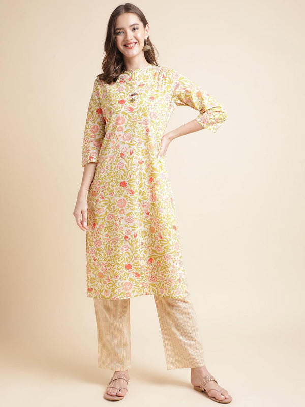 Green Flower Foil cotton printed straight kurta with pant - VJV Now