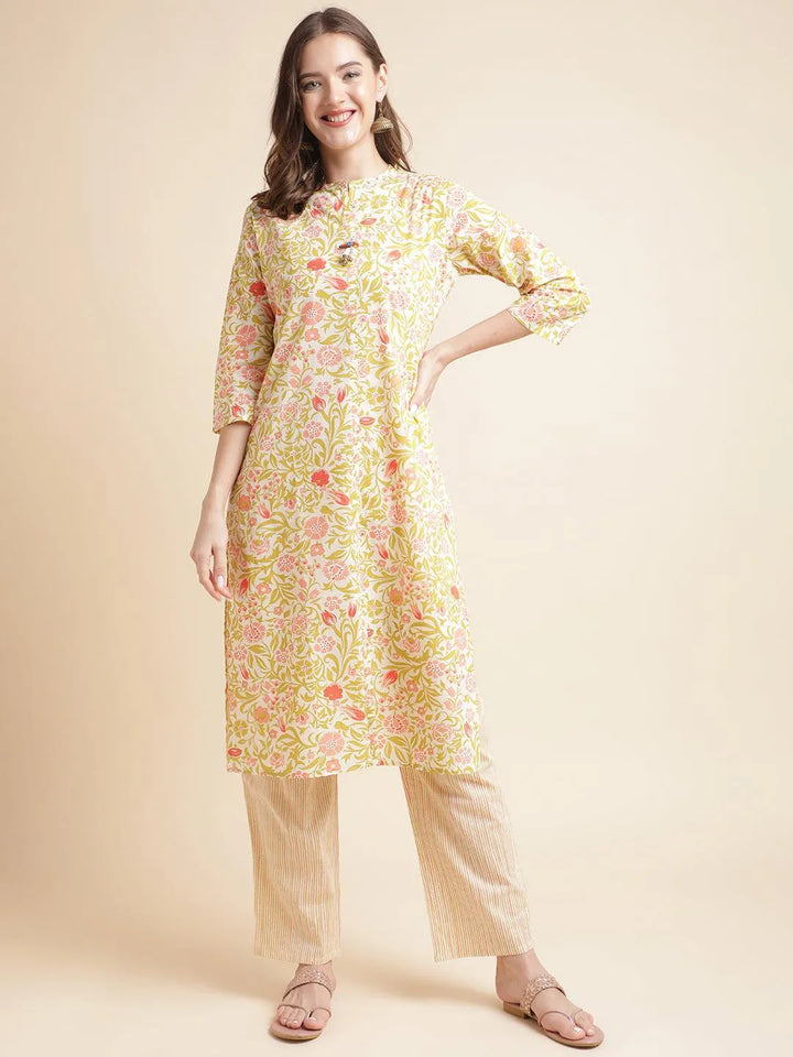 Green Flower Foil cotton printed straight kurta with pant - VJV Now