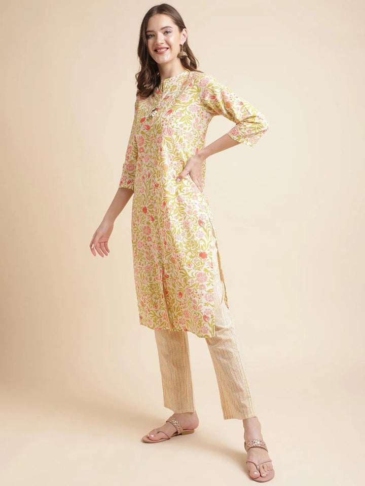 Green Flower Foil cotton printed straight kurta with pant - VJV Now