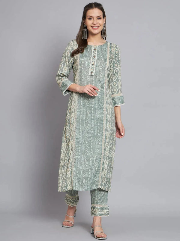 Green printed kurta with trouser set - VJV Now