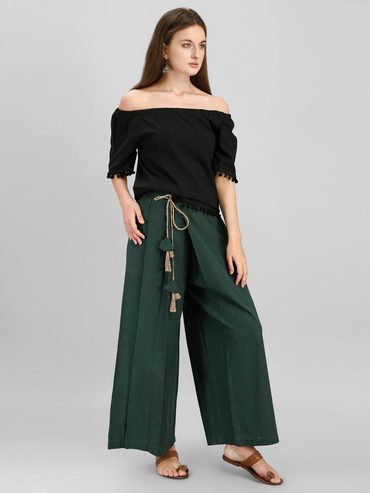 Green Tassel Pants With Black Off-Shoulder Top - VJV Now