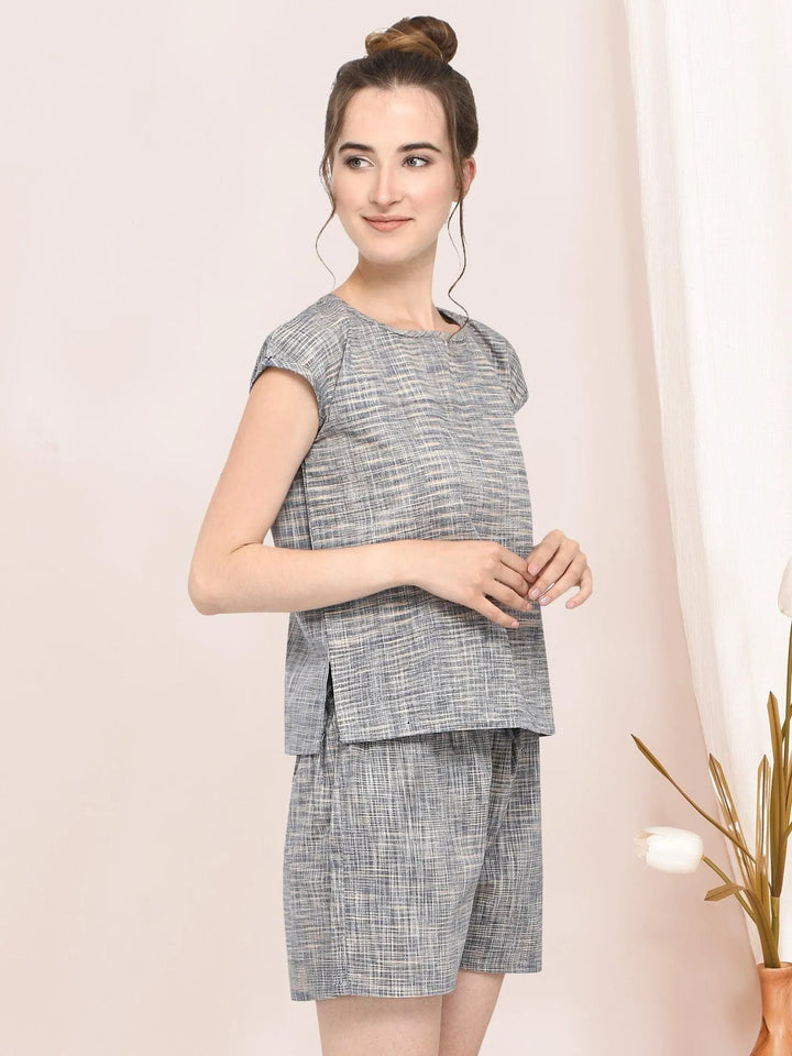 Grey Handloom Short Cotton Nightwear - VJV Now