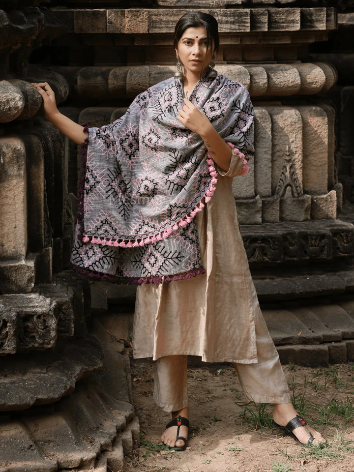 Grey Tribal Aari Embrodiered Slub Khadi Shawl/Dupatta With Baby Pink Cotton Lace - VJV Now