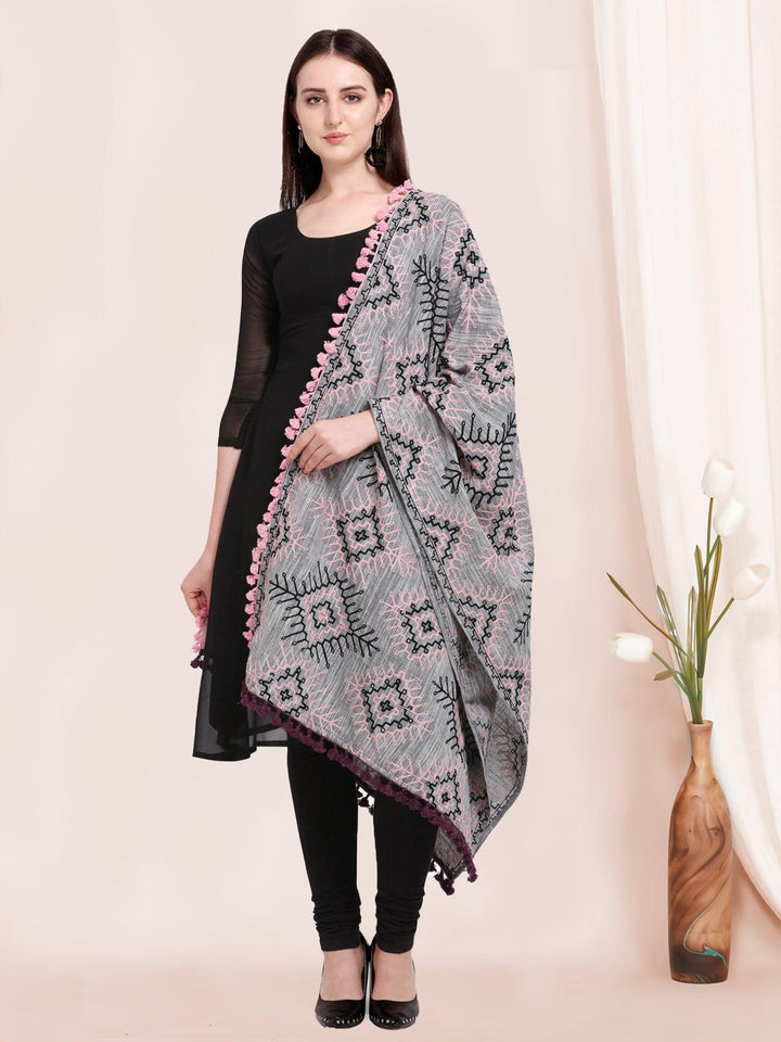 Grey Tribal Aari Embrodiered Slub Khadi Shawl/Dupatta With Baby Pink Cotton Lace - VJV Now