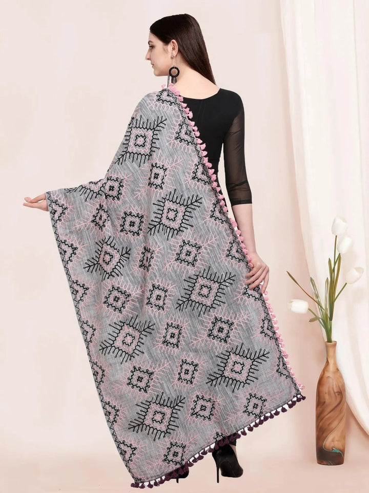 Grey Tribal Aari Embrodiered Slub Khadi Shawl/Dupatta With Baby Pink Cotton Lace - VJV Now