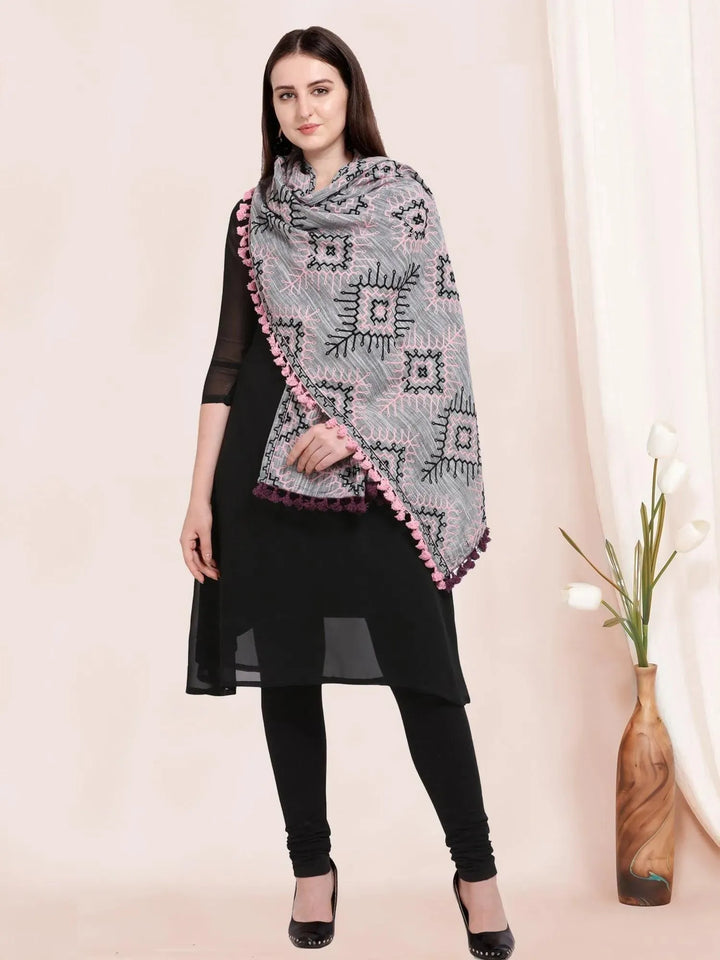 Grey Tribal Aari Embrodiered Slub Khadi Shawl/Dupatta With Baby Pink Cotton Lace - VJV Now