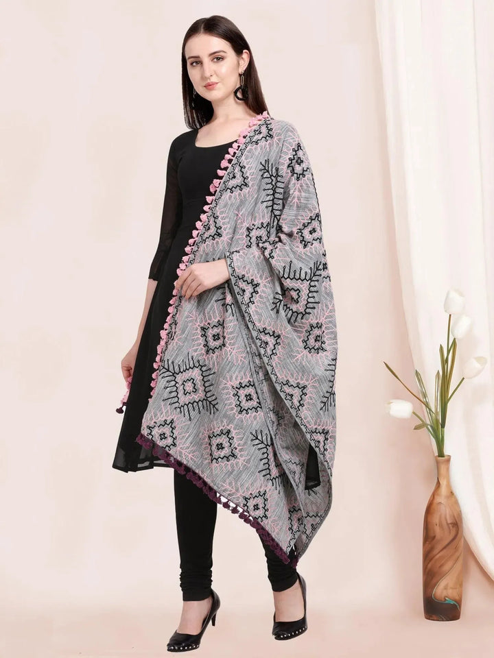 Grey Tribal Aari Embrodiered Slub Khadi Shawl/Dupatta With Baby Pink Cotton Lace - VJV Now