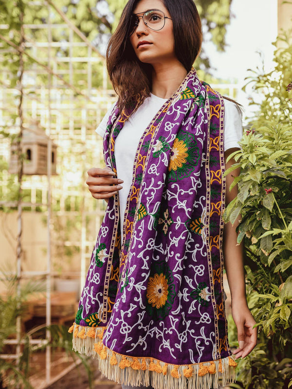 Heavily Woolen Embroidered Purple Khadi Muffler - VJV Now