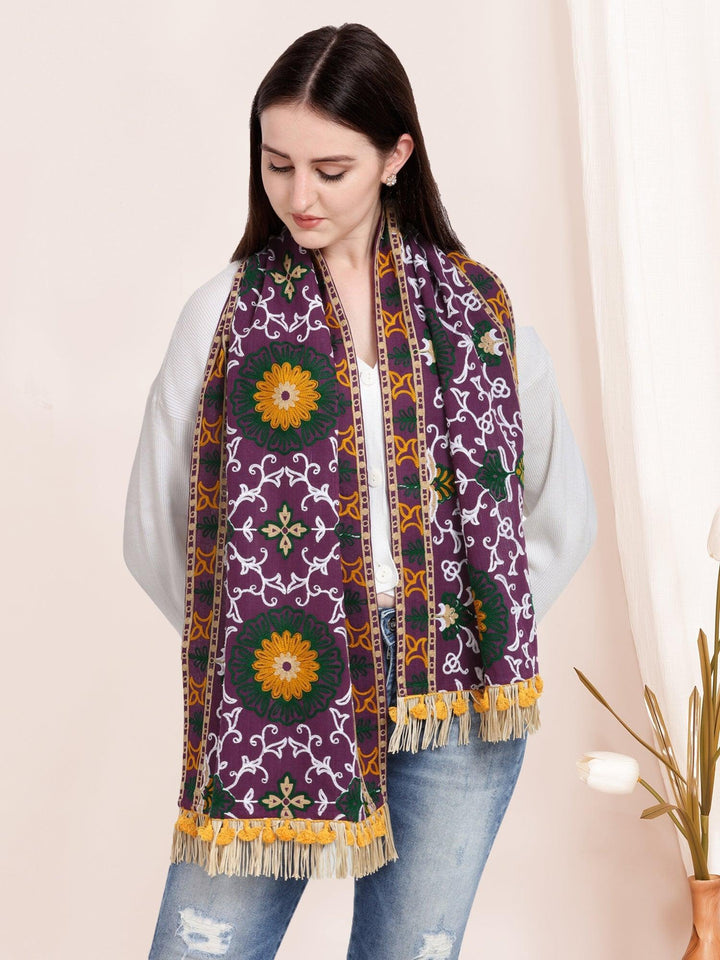 Heavily Woolen Embroidered Purple Khadi Muffler - VJV Now