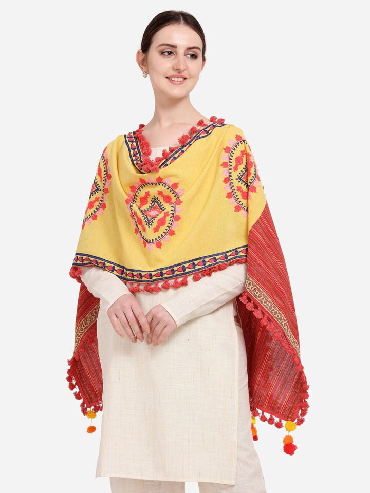 Lemon Yellow Circle Embroidered Lining Panel Linen Festive Dupatta - VJV Now