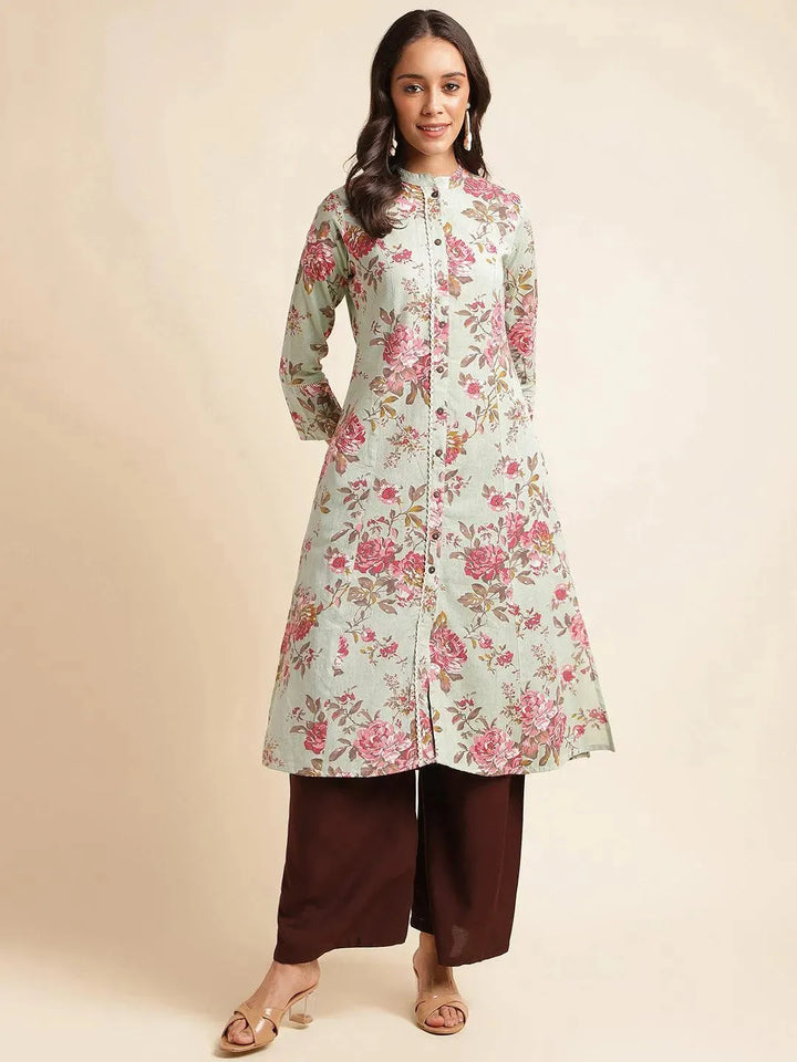 Light Green Floral Printed cotton Straight Kurti - VJV Now