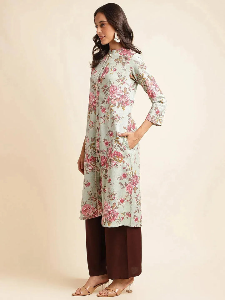 Light Green Floral Printed cotton Straight Kurti - VJV Now