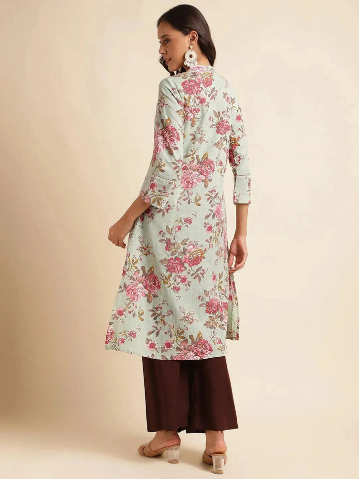 Light Green Floral Printed cotton Straight Kurti - VJV Now