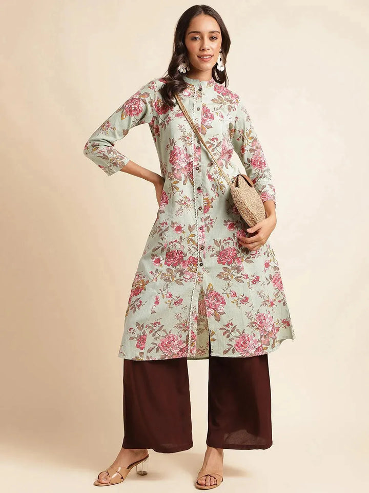 Light Green Floral Printed cotton Straight Kurti - VJV Now