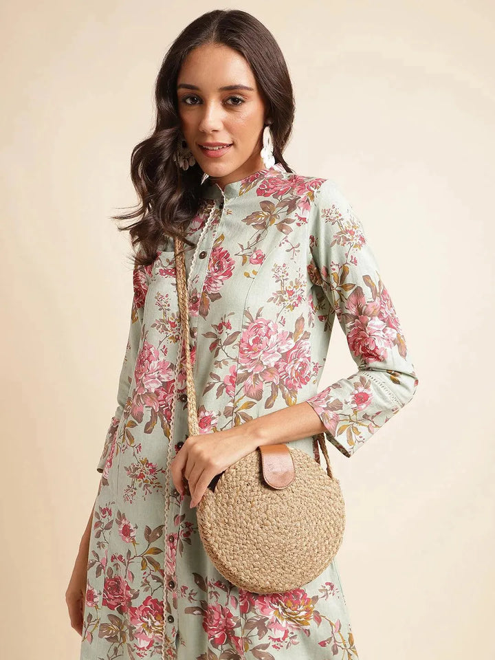 Light Green Floral Printed cotton Straight Kurti - VJV Now