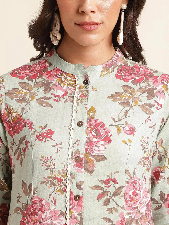 Light Green Floral Printed cotton Straight Kurti - VJV Now