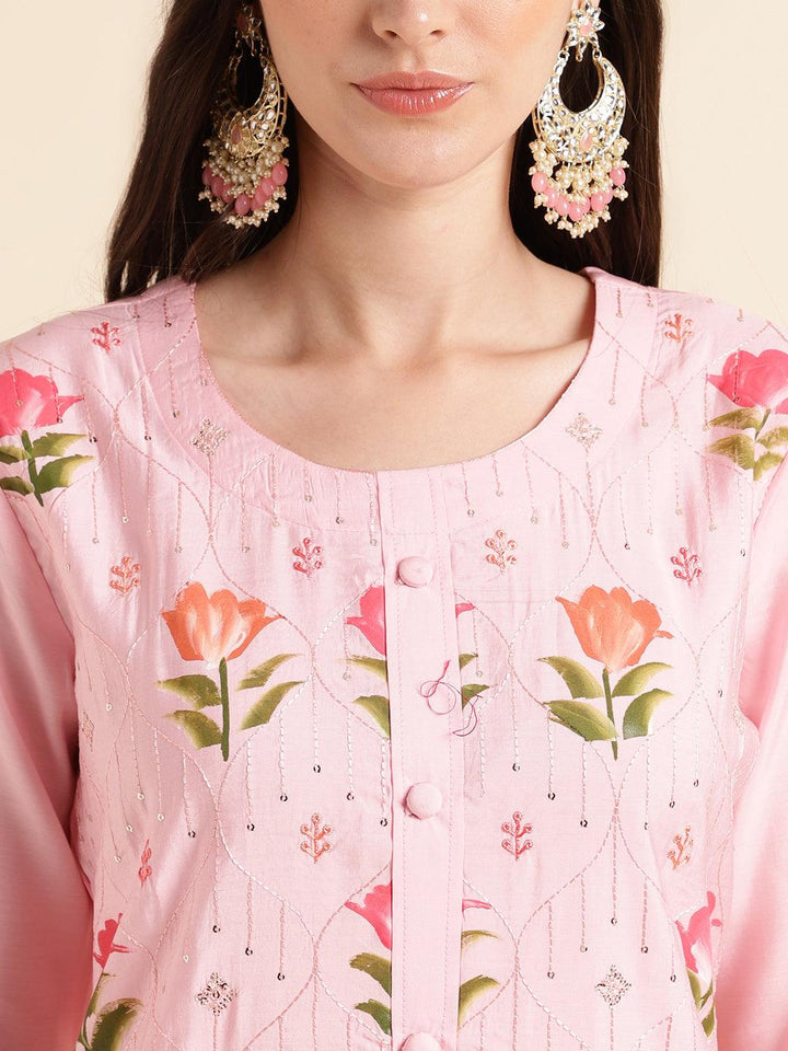 Light pink silk crochet floral print suit with fancy dupatta set - VJV Now