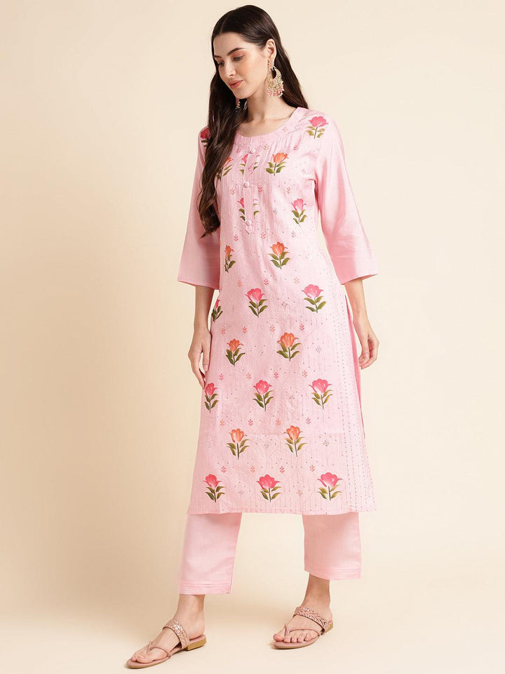 Light pink silk crochet floral print suit with fancy dupatta set - VJV Now