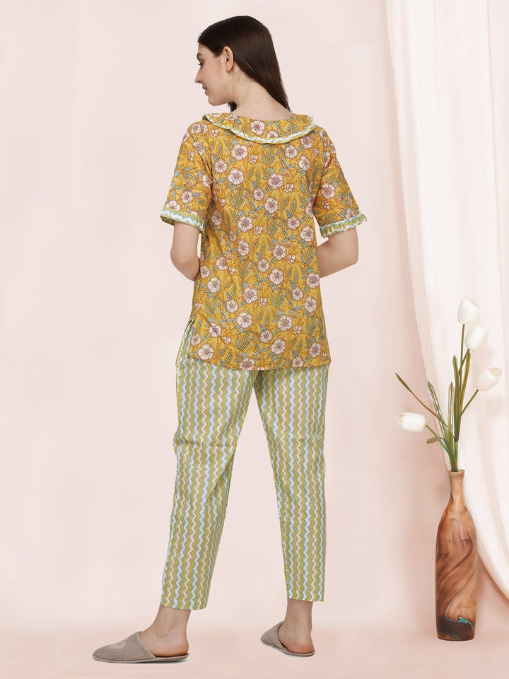 Mango Yellow Handblock Printed Cotton Pajama Suit Set - VJV Now