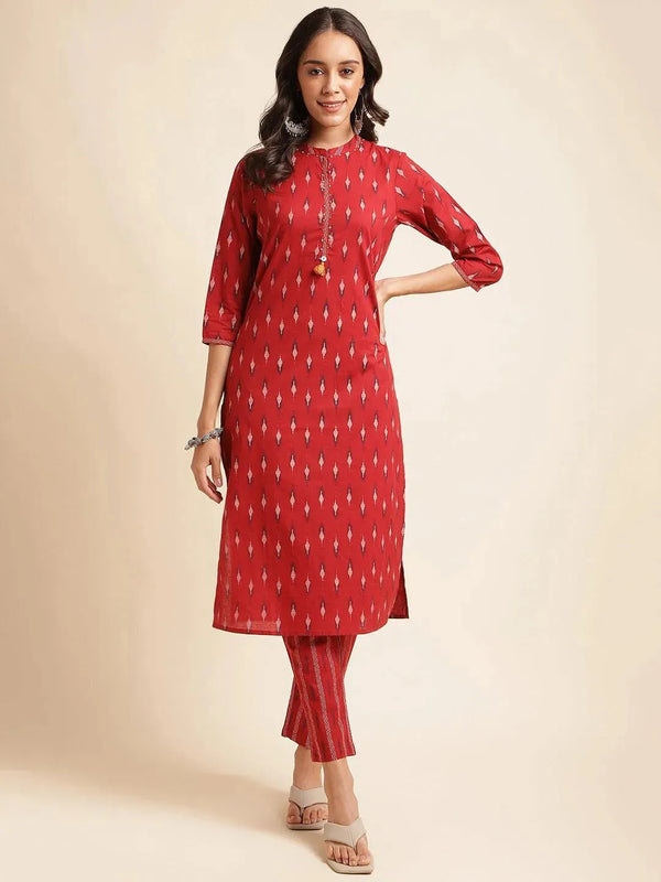 Maroon cotton Abstract printed long kurta with pant - VJV Now