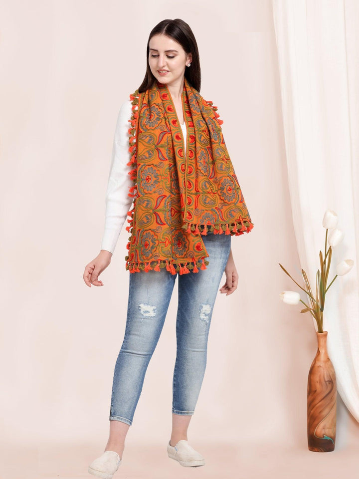 Mono Orange Woolen Embroidered Khadi Muffler - VJV Now