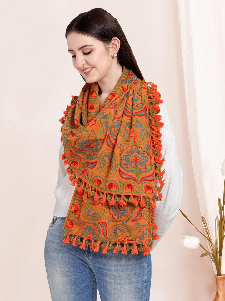 Mono Orange Woolen Embroidered Khadi Muffler - VJV Now