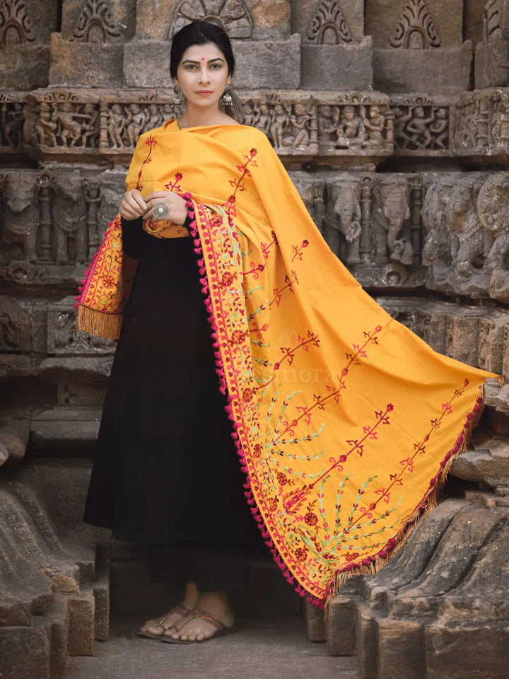 Mustard Floral Aari Embroidered Khadi Shawl/Dupatta With Wine Cotton Tassel Lace - VJV Now