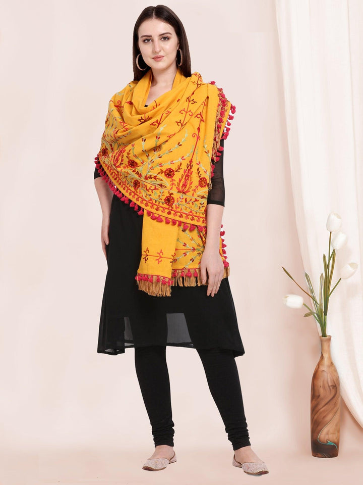 Mustard Floral Aari Embroidered Khadi Shawl/Dupatta With Wine Cotton Tassel Lace - VJV Now