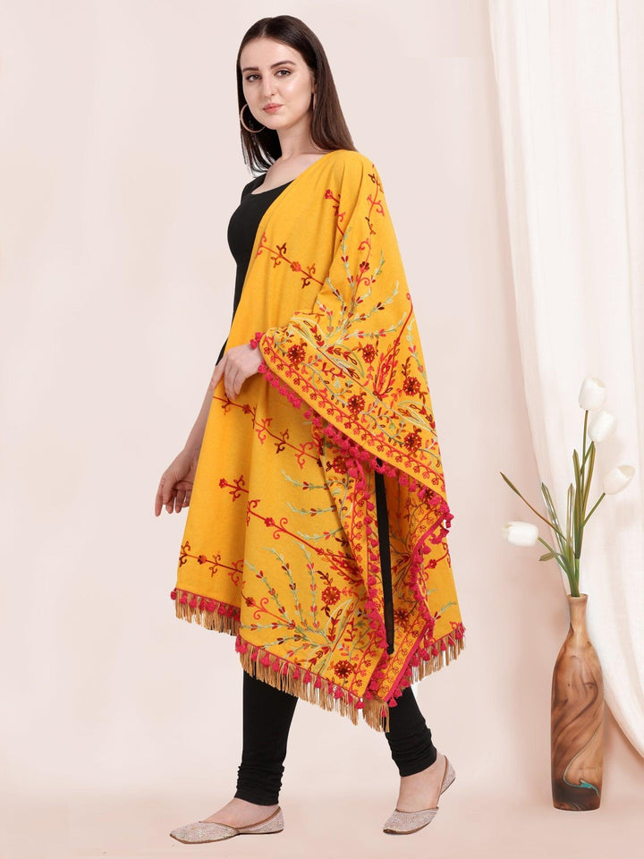Mustard Floral Aari Embroidered Khadi Shawl/Dupatta With Wine Cotton Tassel Lace - VJV Now