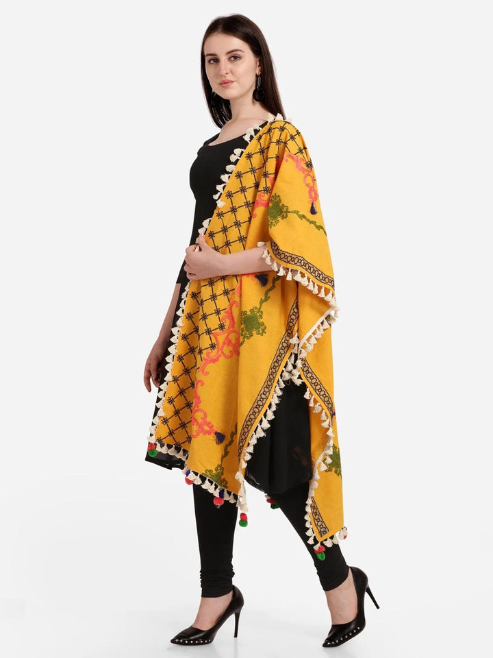 Mustard Temple Embroidered Linen Festive Dupatta - VJV Now