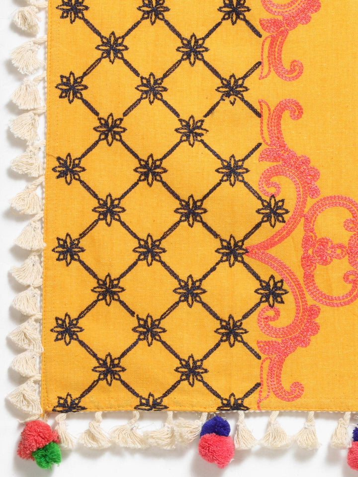 Mustard Temple Embroidered Linen Festive Dupatta - VJV Now