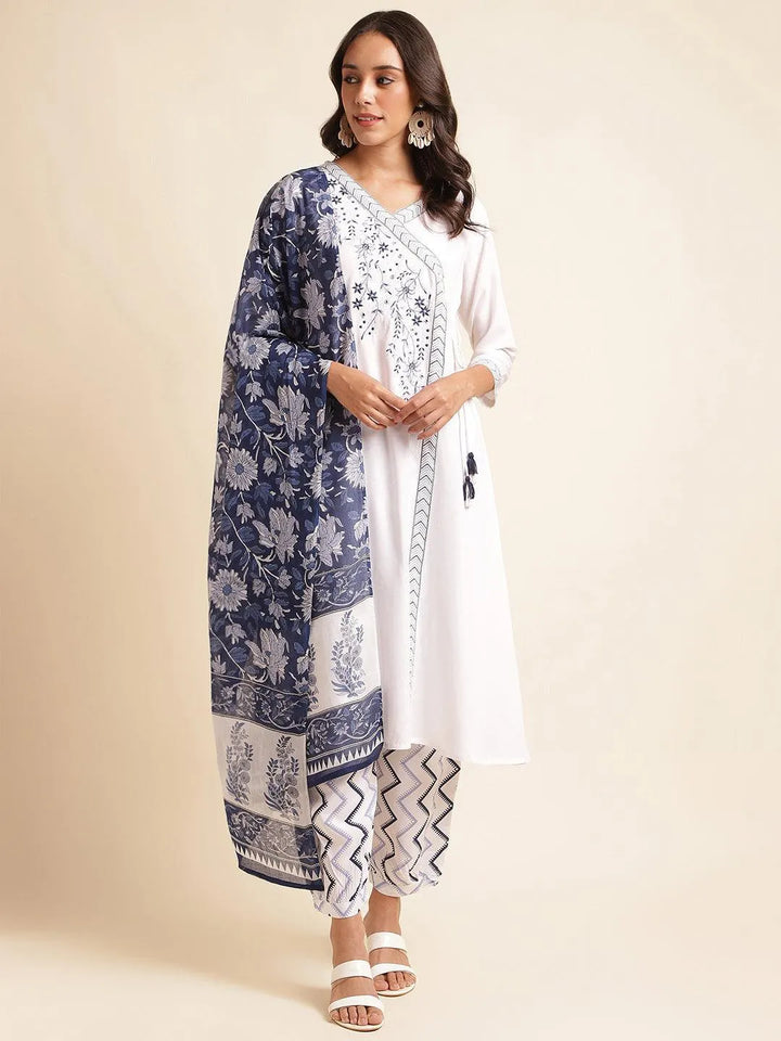 Navy blue & white yoke design kurta with pant & dupatta set - VJV Now