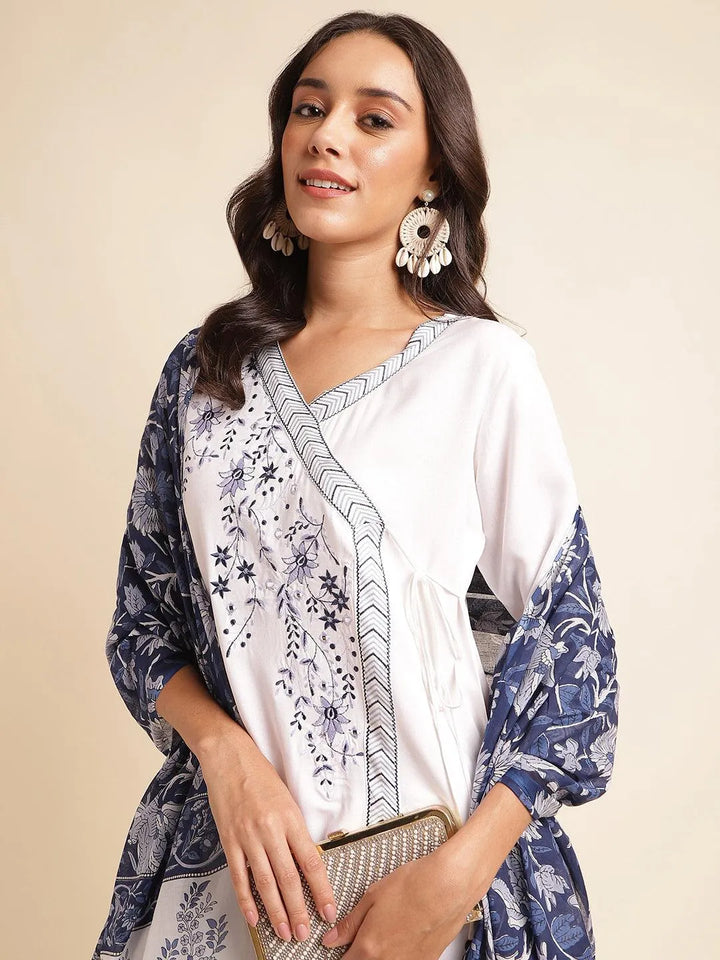 Navy blue & white yoke design kurta with pant & dupatta set - VJV Now