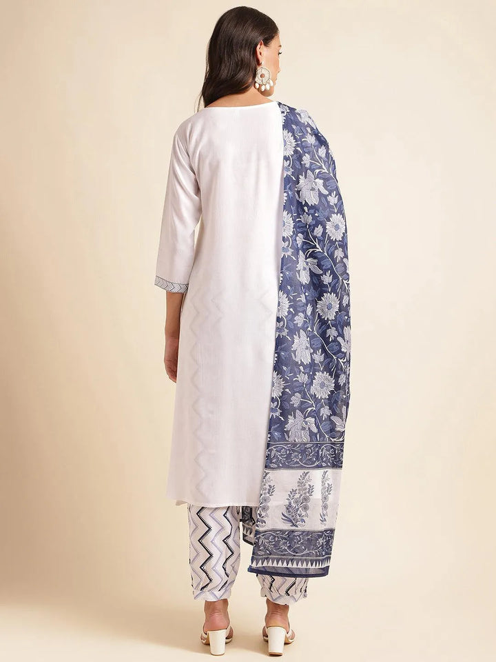 Navy blue & white yoke design kurta with pant & dupatta set - VJV Now