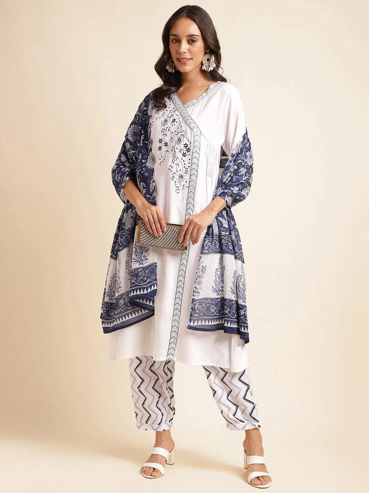 Navy blue & white yoke design kurta with pant & dupatta set - VJV Now