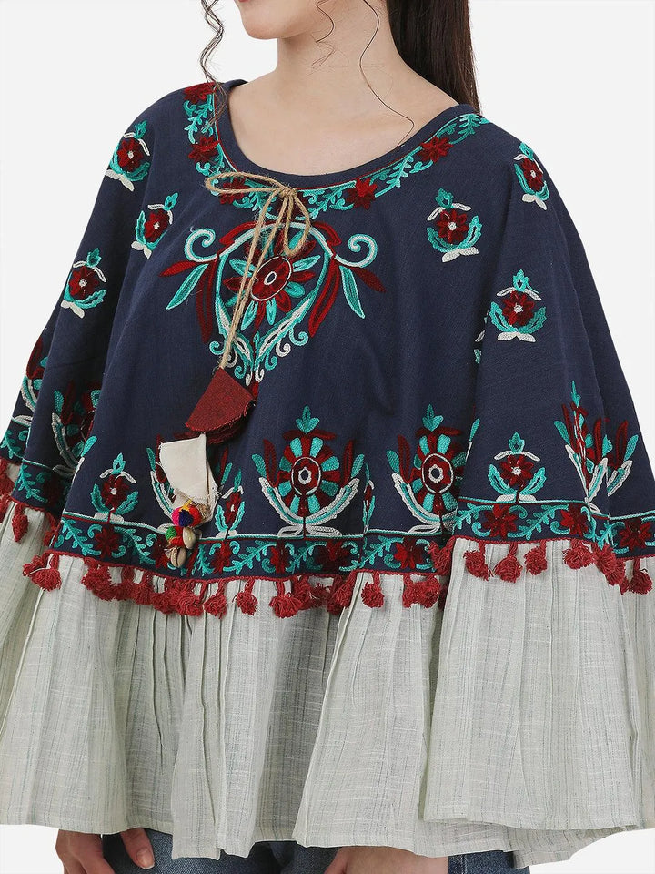 Navy Blue Fancy Embroidered Winter Circular Poncho - VJV Now