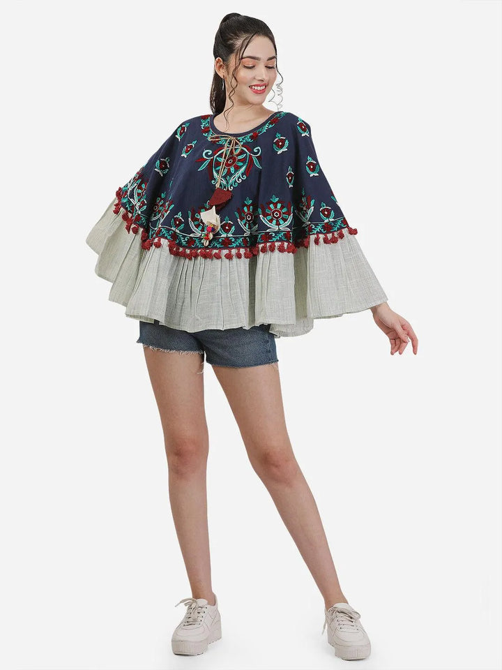 Navy Blue Fancy Embroidered Winter Circular Poncho - VJV Now