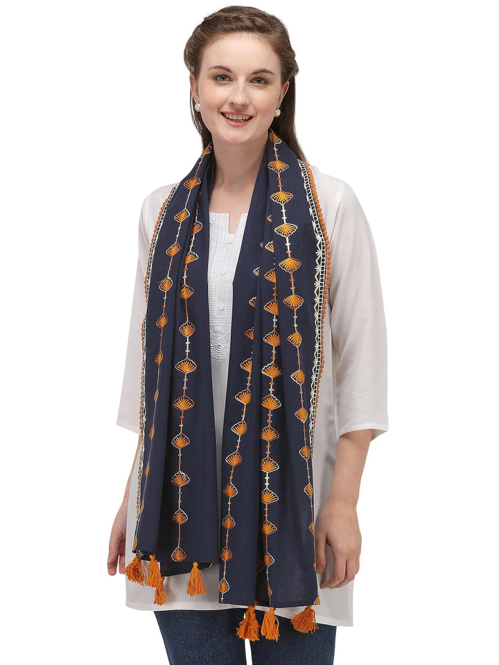 Navy Blue Marigold Khadi Embroidered Stole/Scarf - VJV Now