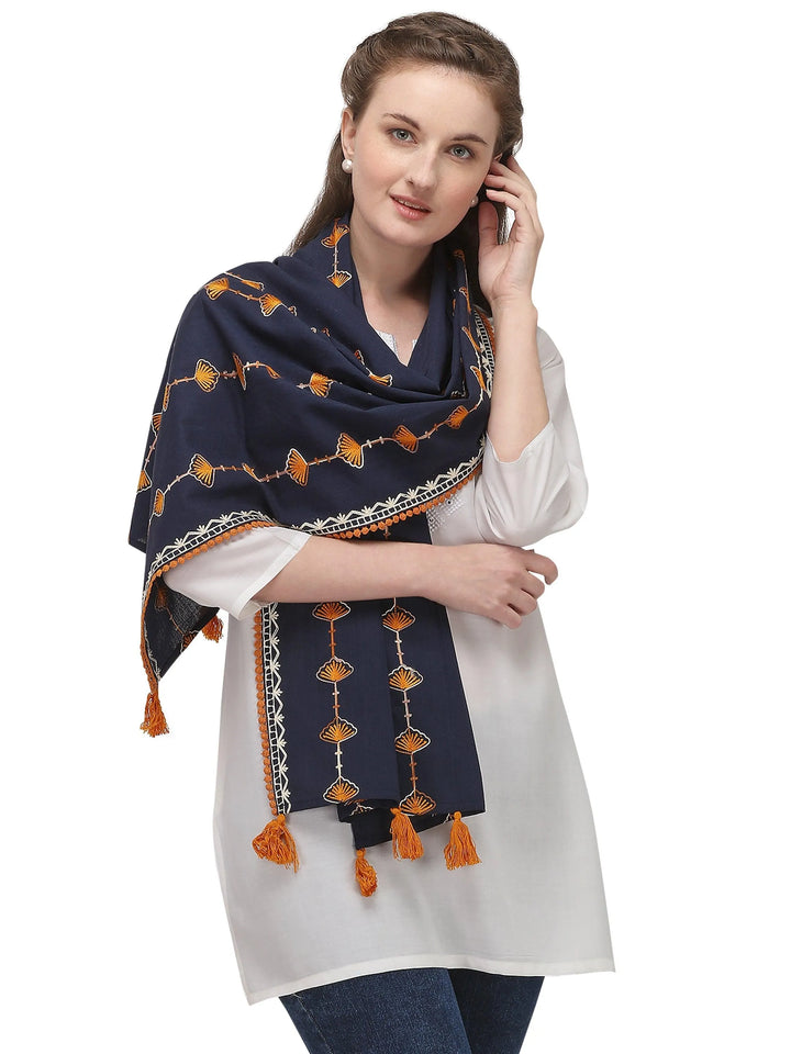 Navy Blue Marigold Khadi Embroidered Stole/Scarf - VJV Now