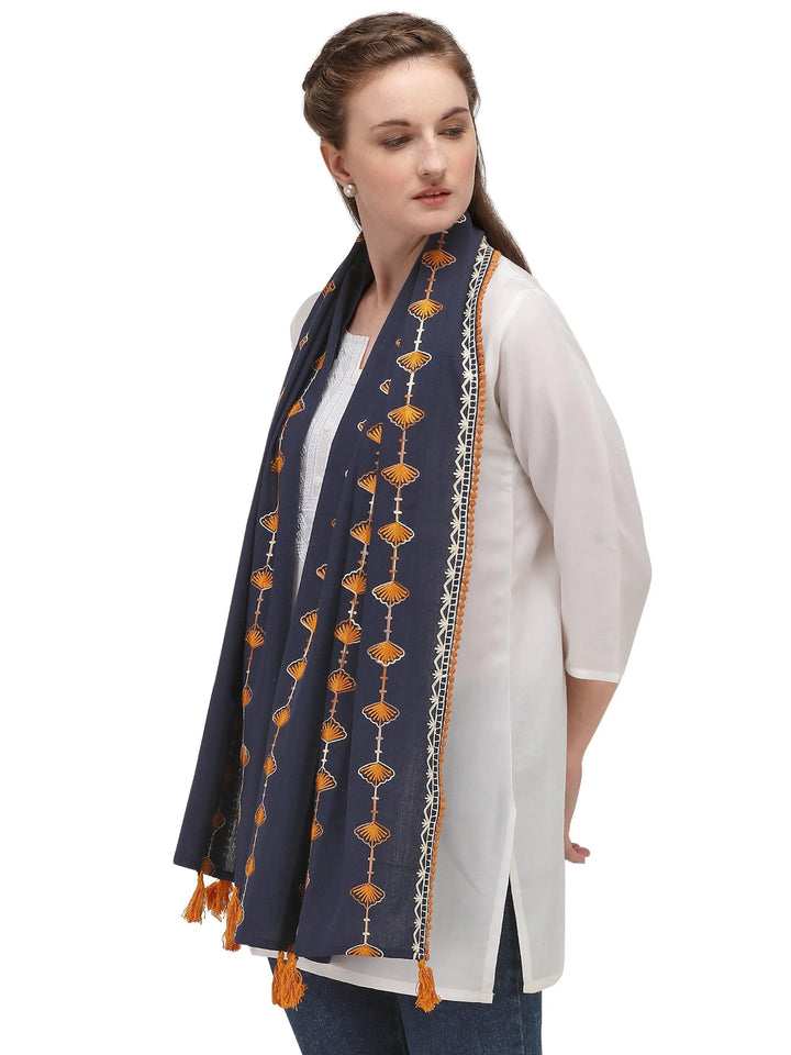 Navy Blue Marigold Khadi Embroidered Stole/Scarf - VJV Now