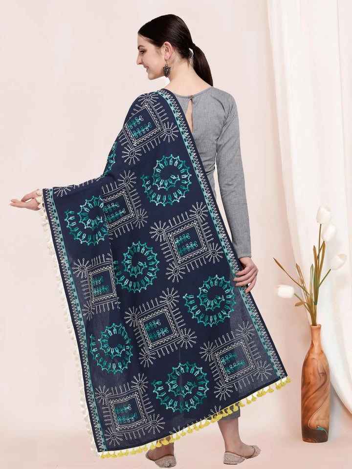 Navy Blue Warli Tribal Motif Aari Embroidered Khadi Shawl/Dupatta With Kaccha Tassel Lace - VJV Now