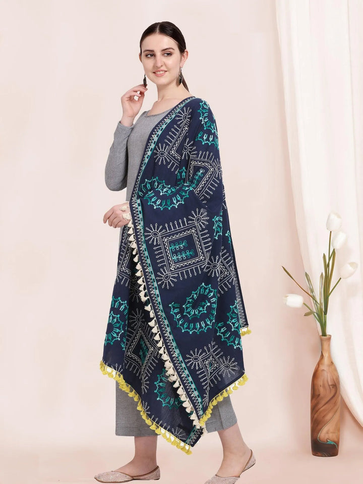 Navy Blue Warli Tribal Motif Aari Embroidered Khadi Shawl/Dupatta With Kaccha Tassel Lace - VJV Now