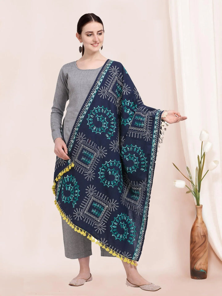 Navy Blue Warli Tribal Motif Aari Embroidered Khadi Shawl/Dupatta With Kaccha Tassel Lace - VJV Now