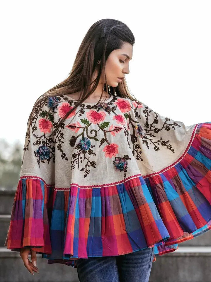 Neon Flower Embroidered Frill Round Poncho - VJV Now