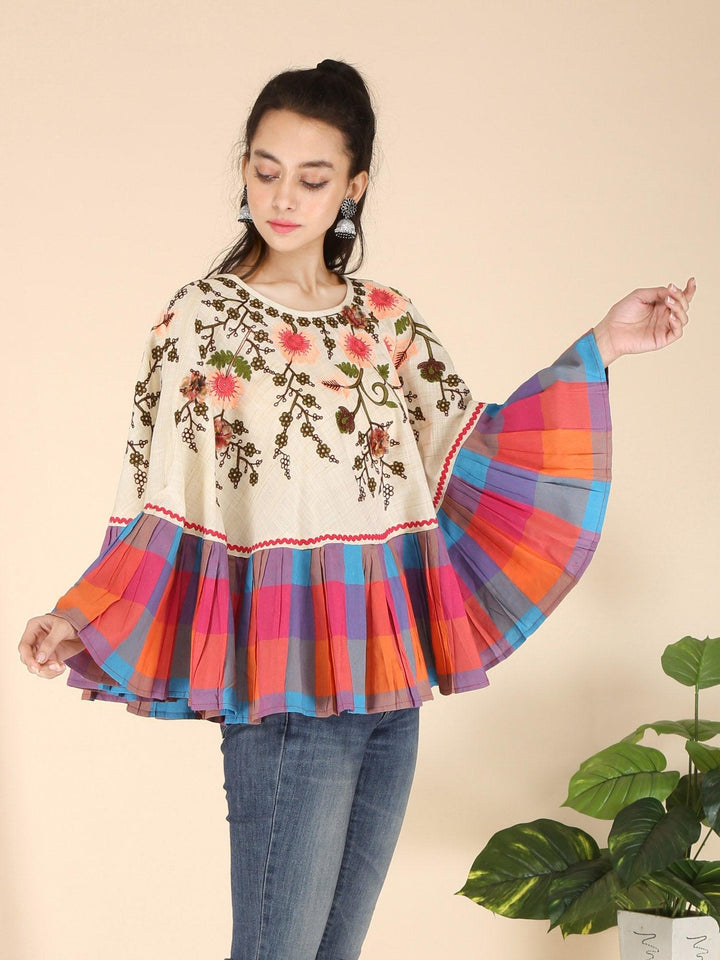 Neon Flower Embroidered Frill Round Poncho - VJV Now