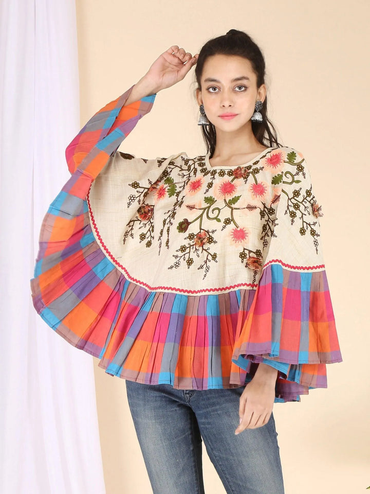 Neon Flower Embroidered Frill Round Poncho - VJV Now