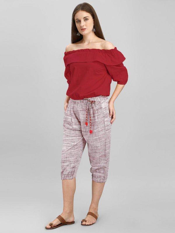 Off-shoulder Red Top and Calf Length Pant Set - VJV Now