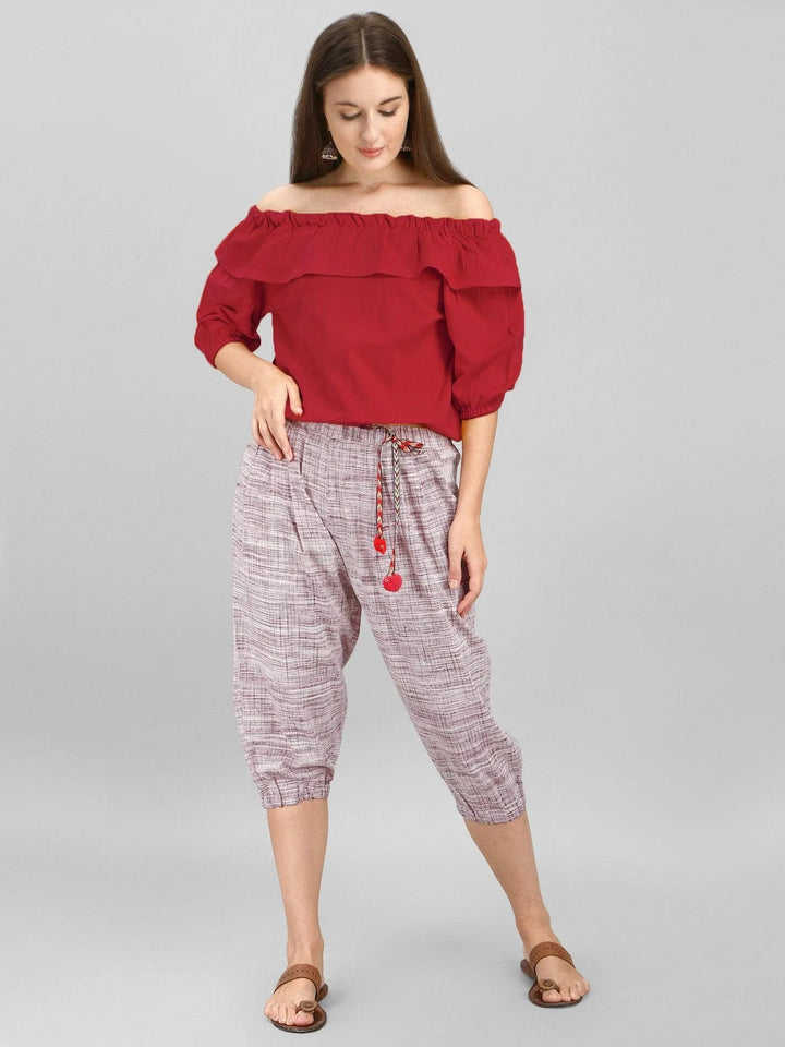 Off-shoulder Red Top and Calf Length Pant Set - VJV Now