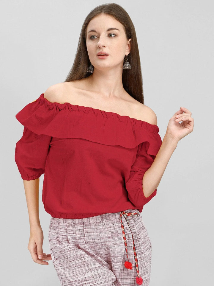 Off-shoulder Red Top and Calf Length Pant Set - VJV Now